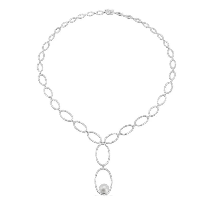 Stylish necklaces and pendants with diamonds for a glamorous and elegant look-Paved Necklace with Pearl Pendant - White Silver