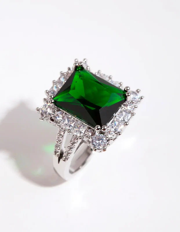 Minimalist rings with tiny diamond dot accents -Rhodium Asscher Emerald Cubic Zirconia Ring