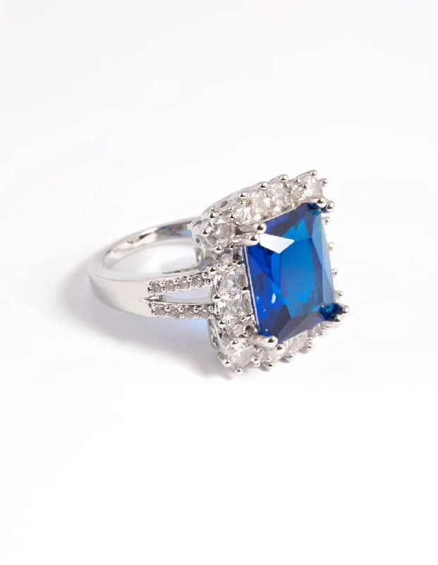 Chunky rings with hammered gold band texture -Rhodium Cubic Zirconia Blue Asscher Ring