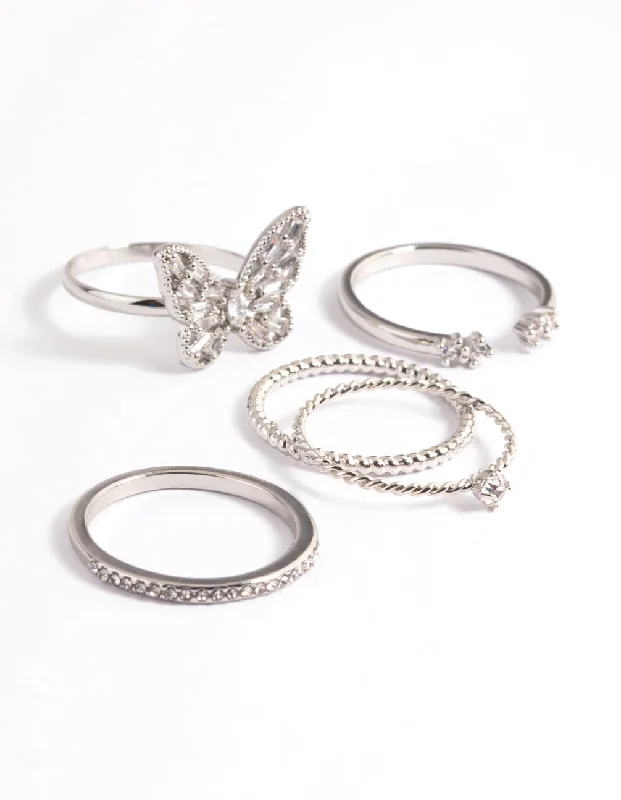 Rings with matte gold for subtle luxury -Rhodium Cubic Zirconia Butterfly Ring Stack Pack