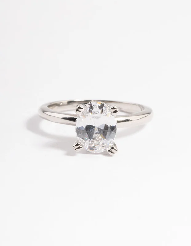 Rings with hammered silver for rustic appeal -Rhodium Cubic Zirconia Single Oval Ring