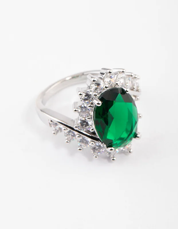 Titanium rings with rugged brushed metal look -Rhodium Cubic Zirconia Vintage Green Oval Ring