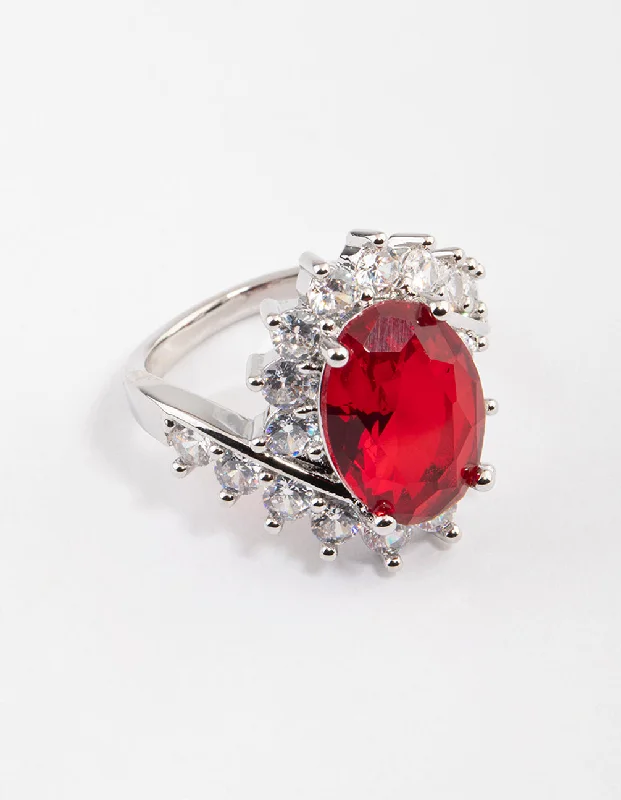 Rings with citrine stones for sunny vibes -Rhodium Cubic Zirconia Vintage Red Oval Ring