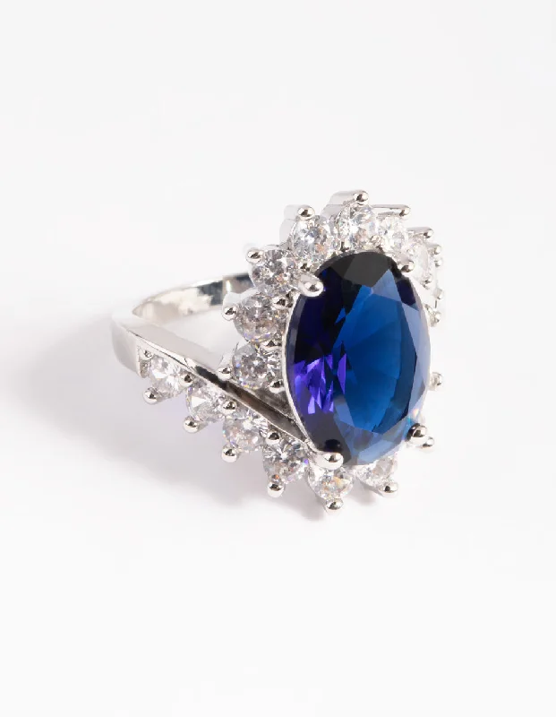 Rings with etched floral bands for detail -Rhodium Cubic Zirconia Vintage Sapphire Oval Ring