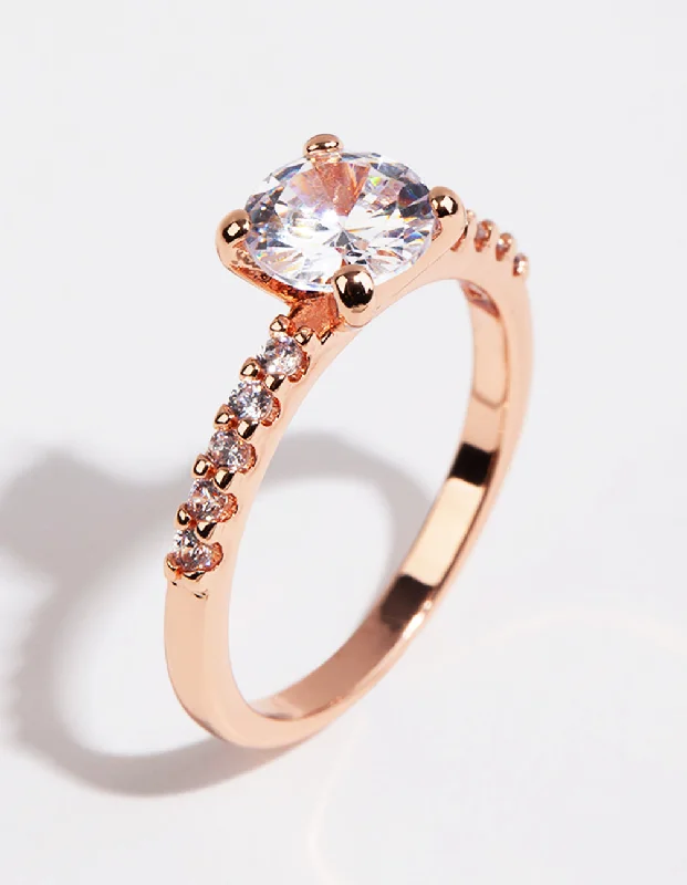 Handcrafted rings with raw emerald rough stones -Rose Gold Plated Round Cubic Zirconia Ring