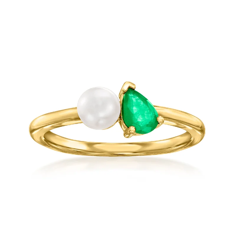 Rings with rough sapphire for rugged chic -Ross-Simons 5mm Cultured Pearl and . Emerald Toi Et Moi Ring in 14kt Yellow Gold