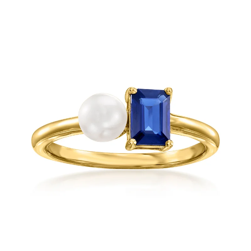 Rings with starburst topaz for radiant beauty -Ross-Simons 5mm Cultured Pearl and . Sapphire Toi Et Moi Ring in 14kt Yellow Gold