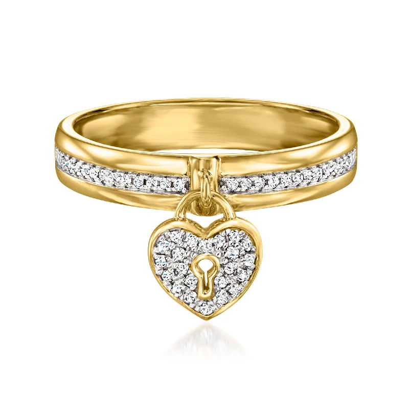 Rings with lotus flower engravings for peace -Ross-Simons Diamond Heart Lock Ring in 18kt Gold Over Sterling