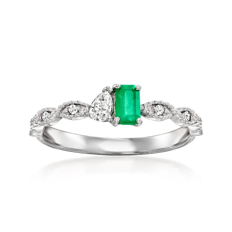 Rings with rough peridot for green texture -Ross-Simons Emerald and . Diamond Toi Et Moi Ring With Diamond Accents in 14kt White Gold