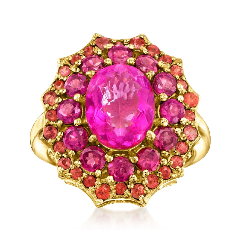 Rings with channel-set turquoise for color -Ross-Simons Pink Topaz and Rhodolite Garnet Ring With . Orange Sapphires in 18kt Gold Over Sterling