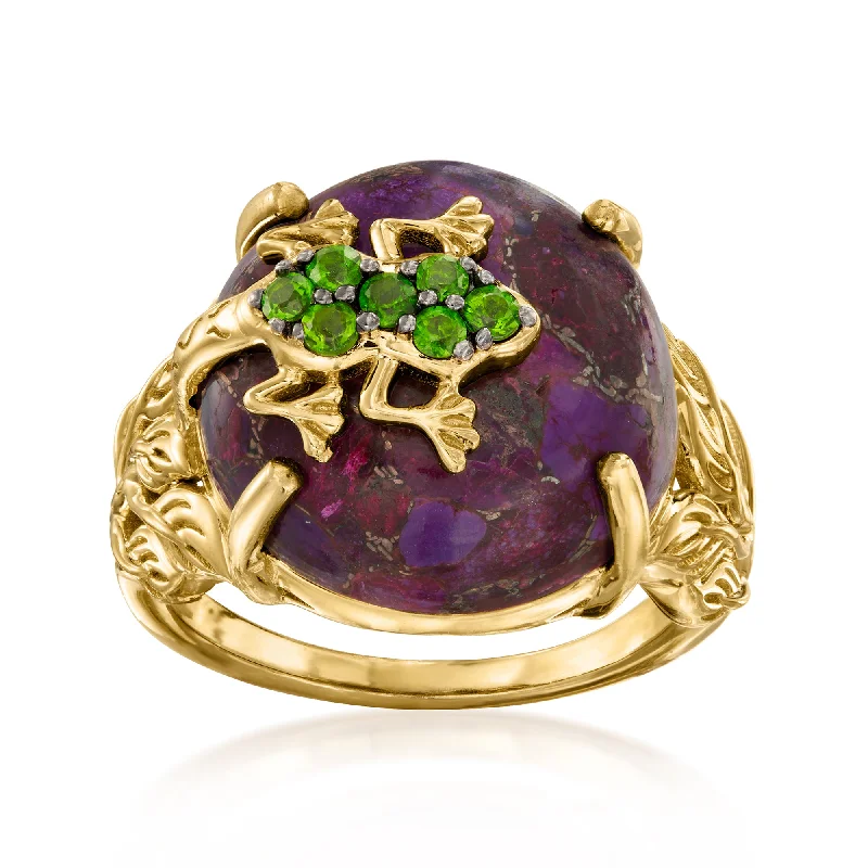 Rings with carved onyx for bold sleekness -Ross-Simons Purple Turquoise and Chrome Diopside Frog Ring in 18kt Gold Over Sterling