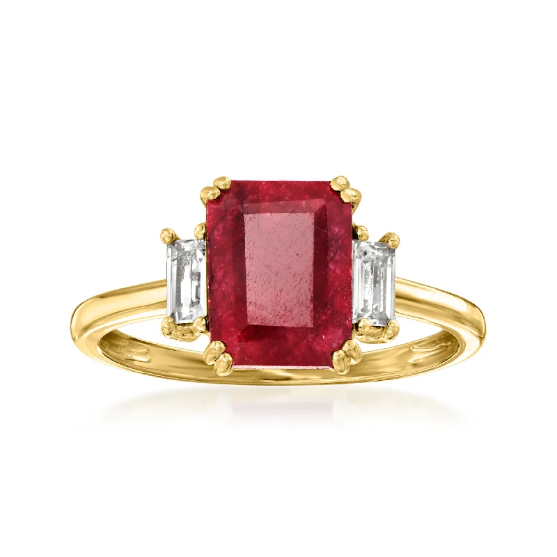 Rings with etched floral bands for detail -Ross-Simons Ruby and . White Topaz Ring in 18kt Gold Over Sterling