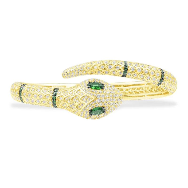 Necklaces and pendants with custom engravings for a personal, meaningful gift-Serpent Open Cuff with Green Stones - Yellow Silver