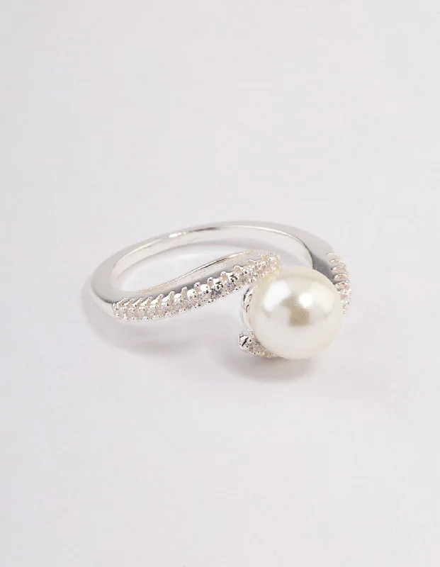 Rings with rainbow moonstone for color play -Silver Plated Wrapped Pearl Ring