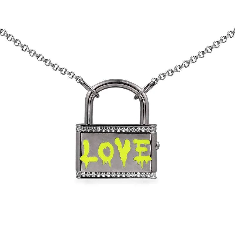 Best necklaces and pendants with vintage lockets for a nostalgic, sentimental look-Yellow Neon LOVE Lock Necklace - Dark Grey Silver